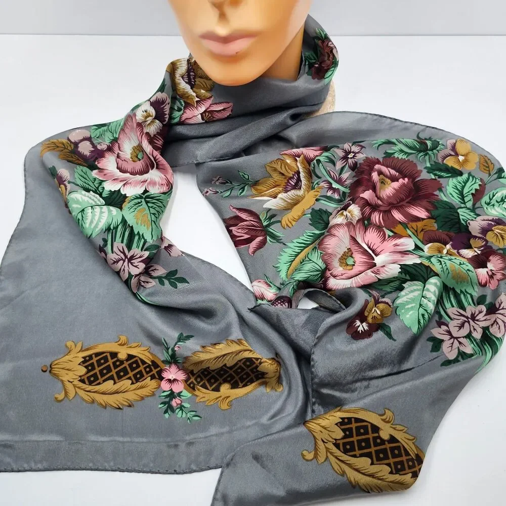 VTG Baar & Beards 100% Silk Scarf Gray Rose Floral Gold Scroll Japan Oblong